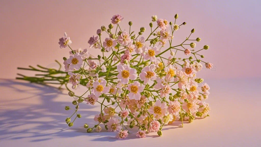 單束開放滿天星花瓣粉色背景溫暖俯視情人節(jié)花卉產(chǎn)品攝影圖